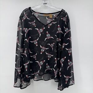 Wrangler Western Blouse Womens XL Black V-Neck Southwestern Longhorn Sheer